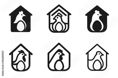 Diverse Chicken Coop Logos. Chicken Coop. Icon set. Set Logo of Chicken Coop: egg. harmonious logo variations of the same emblematic concept, each with