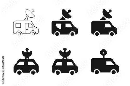 Broadcast Logo Variations. Broadcast journalism. Icon set. Set Logo of Broadcast journalism: news van with mast. harmonious logo variations of the same