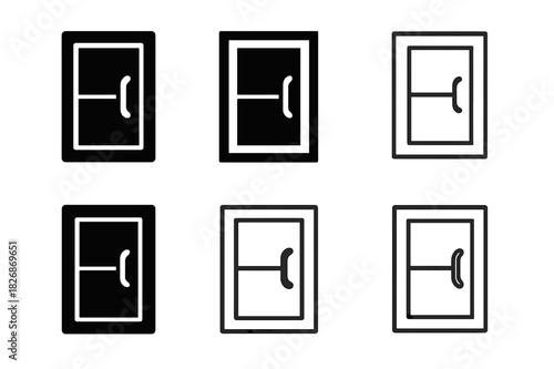 Cabinet Door Logos. Cabinet door. Icon set. Set Logo of cabinet door: handle close-up integrated with rectangular frame. harmonious logo variations of the same