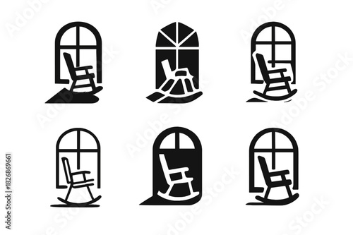 Rocking Chair Logos. Rocking chair by the window. Icon set. Set Logo of rocking chair: window light casting shadow on chair. harmonious logo variations of the