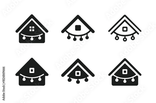 Ski Lodge Icons. Winter ski lodge or chalet celebration. Icon set. Set Logo of winter ski lodge or chalet celebration: chalet roof with festive lights.
