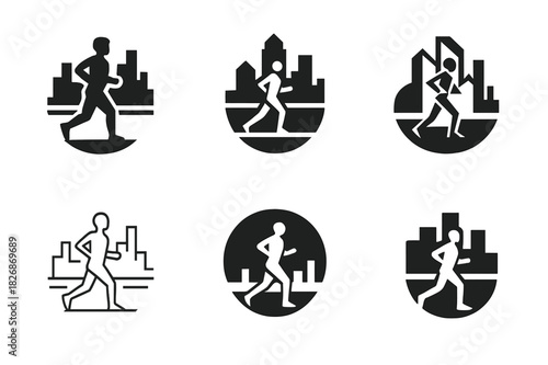 Waterfront Jogger Logos. A person jogging along the waterfront in the city, enjoying the view of the skyline. Icon set. Set Logo of a person jogging along the