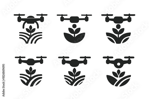 Agricultural Drone Logos. Drones in agriculture for field monitoring. Icon set. Set Logo of drones in agriculture for field monitoring: drone camera.