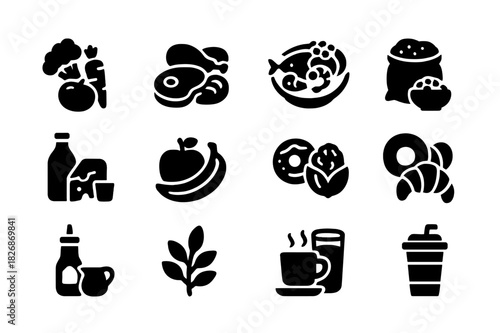 Diverse Food Icons. Food variety. Solid icon set of Food variety: vegetable assortment, meat cuts, seafood plate, grains, legumes, dairy products, fruits,