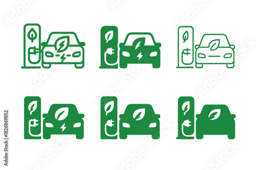 Eco Transport Logos. Eco-friendly transportation. Icon set. Set Logo of Eco-friendly transportation: electric car at charging station with leaf bolt.