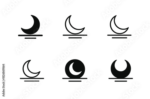 Moon Phase Logos. The phases of the moon. Icon set. Set Logo of The phases of the moon: waxing crescent rising over horizon line. harmonious logo variations of