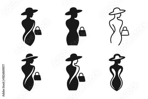 Luxury Fashion Icons. Fashion & Luxury. Icon set. Set Logo of couture identity: abstract model with luxury accessory. harmonious logo variations of the same