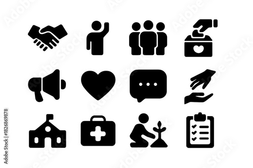 Community Support Icons. Community support. Solid icon set of community support: group of people, handshake, donation box, helping hands, neighborhood watch,