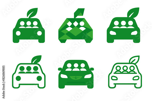 Eco-Friendly Transport Icons. Eco-friendly transportation. Icon set. Set Logo of Eco-friendly transportation: carpool ride-share with three passengers.