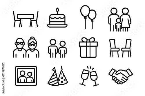 Family Time Icons. Family Time Icons. Line icon set of Family Time Icons: dining table, cake, balloons, parents, children, grandparents, gift box, chairs,