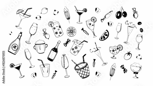 Hand drawn sketchy collection of summer drinks and party treats