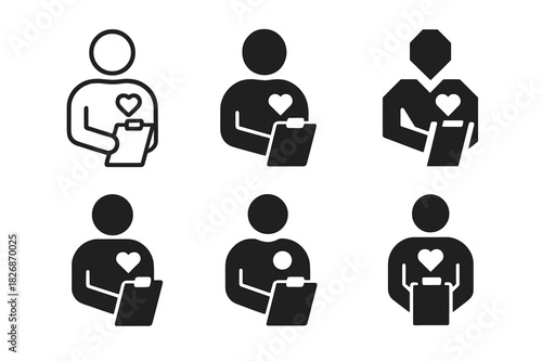 Volunteer Logo Set. Volunteer in action. Icon set. Set Logo of volunteer in action: volunteer with clipboard. harmonious logo variations of the same emblematic