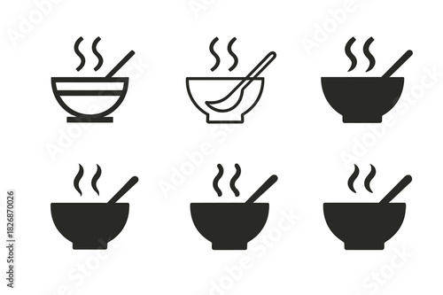Diverse Food Logos. Need for food. Icon set. Set Logo of Need for food: steaming soup bowl with spoon. harmonious logo variations of the same emblematic