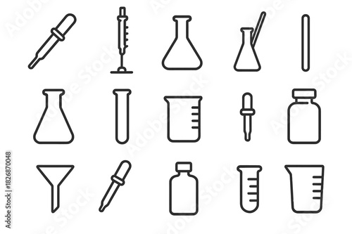 Lab Tool Icons. Lab measurement tools. Line icon set of lab measurement tools: pipette, burette, volumetric flask, graduated cylinder, Erlenmeyer flask, test