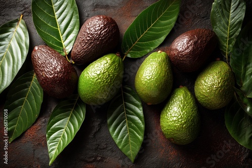 Fresh Avocados and Green Leaves Arranged on a Textured Dark Surface in Natura...