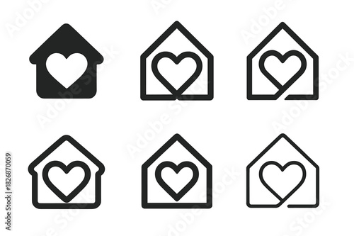 Blended Family Icons. Relationship dynamics in blended families. Icon set. Set Logo of blended families: heart within home symbol. harmonious logo variations