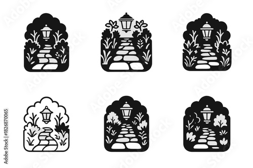 Garden Path Logos. Decorative stone paths through a garden with plants on both sides. Icon set. Set Logo of Decorative stone paths through a garden with plants