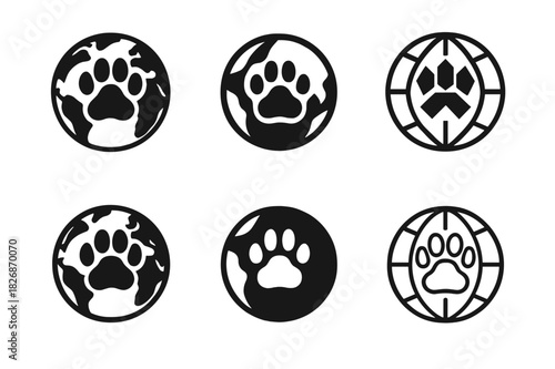Wildlife Protection Logos. Endangered species. Icon set. Set Logo of wildlife protection: globe with animal paw print. harmonious logo variations of the same