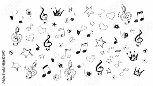 Hand drawn musical notes hearts stars and crowns doodle pattern
