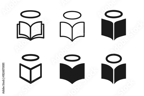 Theology Logo Evolution. The evolution of Christian theology. Icon set. Set Logo of the evolution of Christian theology: halo and book symbol. harmonious logo