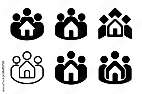 Community Gathering Icons. Participating in a community gathering. Icon set. Set Logo of community: neighborhood gathering icon. harmonious logo variations of