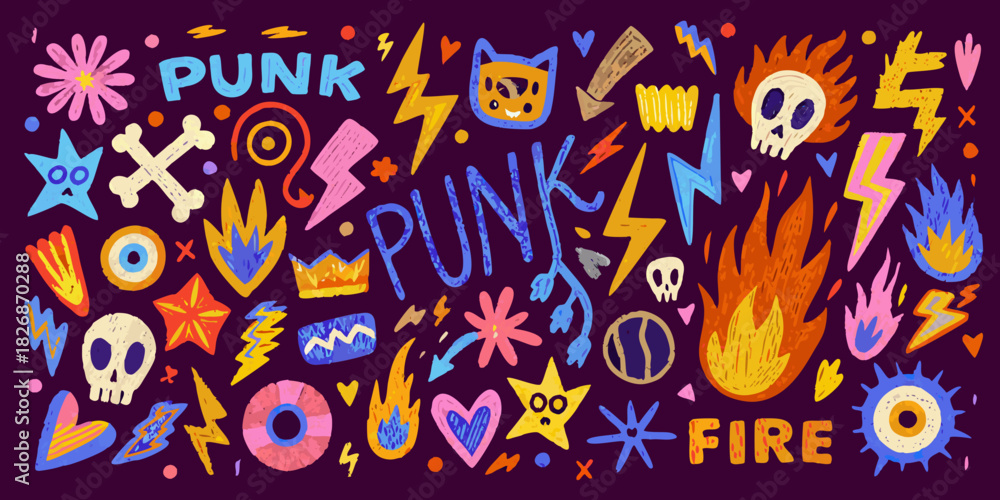 Fototapeta premium A vibrant illustration of punk rock imagery with skulls fire and lightning