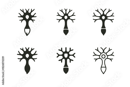 Creative Neuroscience Logos. Neuroscience of creativity. Icon set. Set Logo of creative neuroscience: neuron shaped like a paintbrush. harmonious