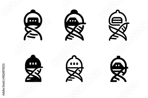 Space DNA Logos. Genetic Engineering for Space Colonization. Icon set. Set Logo of future evolution: DNA spiraling around colony habitat. harmonious logo