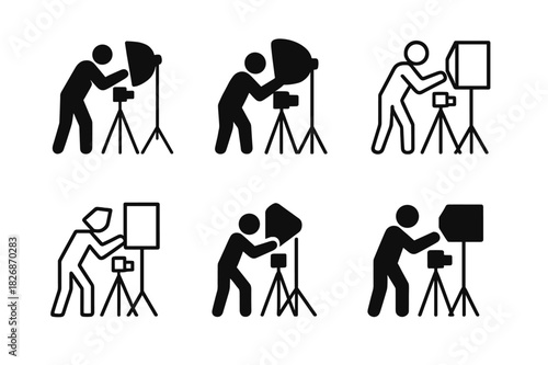 Artists Studio Logos. Artists at work in their studios. Icon set. Set Logo of Artists at work in their studios: photographer adjusting studio light and tripod.