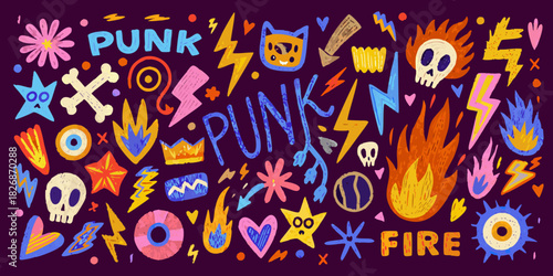 A vibrant illustration of punk rock imagery with skulls fire and lightning