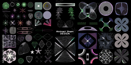 An array of diverse abstract geometric shapes and designs on a black background