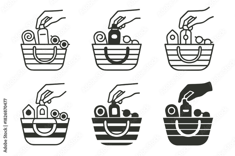 Fototapeta premium Beach Bag Logos. Packing a beach bag. Icon set. Set Logo of packing a beach bag: hand placing items into striped beach bag. harmonious logo variations of the