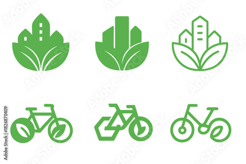Sustainable Urban Icons. Green cities. Icon set. Set Logo of sustainable urbanism: city with green leaves. harmonious logo variations of the same emblematic
