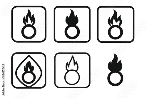 Oxidizer Warning Icon Set. Chemical safety labels. Icon set. Set Logo of hazard communication: oxidizer warning flame over circle. harmonious logo variations