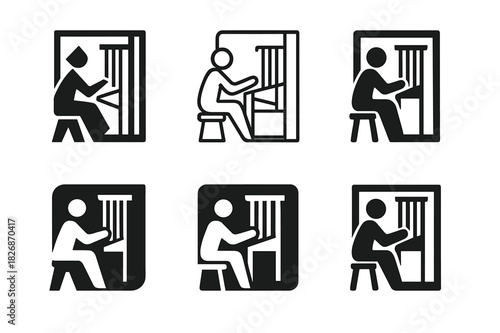 Artist Studio Icons. Artists at work in their studios. Icon set. Set Logo of Artists at work in their studios: textile artist at loom. harmonious