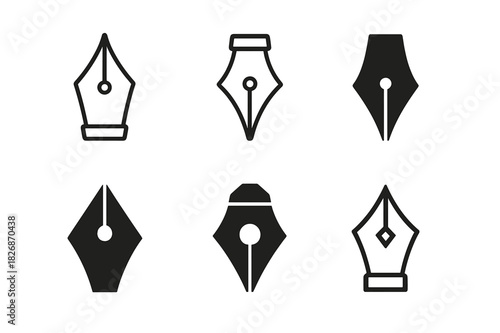 Artistic Tool Logos. Fine art techniques and tools. Icon set. Set Logo of Fine art techniques and tools: fountain pen nib for ink drawing. harmonious logo