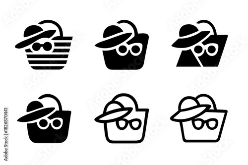 Beach Bag Icons. Packing a beach bag. Icon set. Set Logo of packing a beach bag: beach bag with hat and sunglasses resting on top. harmonious logo variations