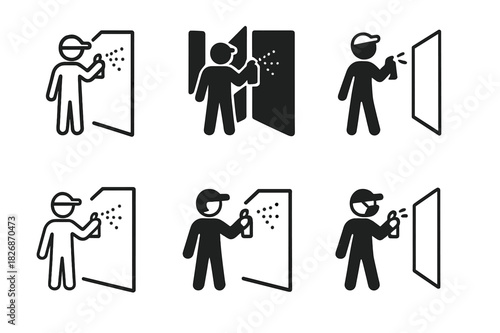 Art Studio Icons. Artists at work in their studios. Icon set. Set Logo of Artists at work in their studios: graffiti artist with spray can in studio corner.