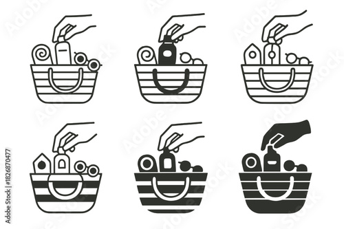 Beach Bag Logos. Packing a beach bag. Icon set. Set Logo of packing a beach bag: hand placing items into striped beach bag. harmonious logo variations of the
