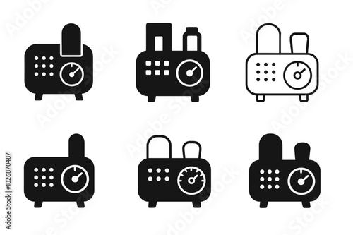 Vintage Electronics Icons. Decorating with vintage electronics. Icon set. Set Logo of Decorating with vintage electronics: vacuum tube radio with dial scale.