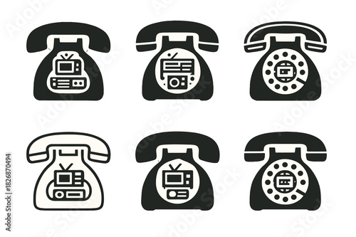 Vintage Electronics Icons. Decorating with vintage electronics. Icon set. Set Logo of Decorating with vintage electronics: rotary dial telephone handset.