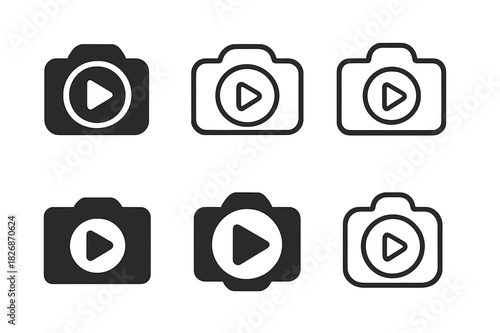 Iconic Camera Logos. Brand photography and content creation services. Icon set. Set Logo of brand photography and content creation services: camera with play