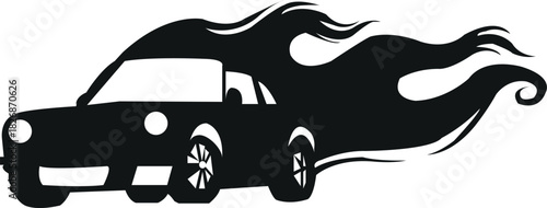Silhouette of a classic car with flames isolated on white background