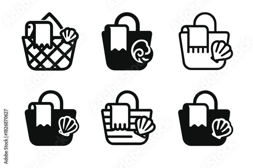 Beach Bag Logo Variations. Packing a beach bag. Icon set. Set Logo of packing a beach bag: woven basket with towel and seashell. harmonious logo variations of