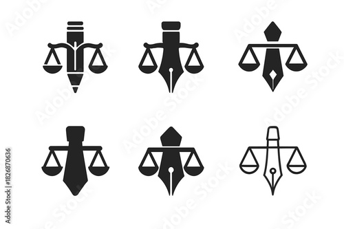 Journalism Symbols Collection. Journalism ethics and bias. Icon set. Set Logo of journalism ethics and bias: pen and scale combined into a single symbol of