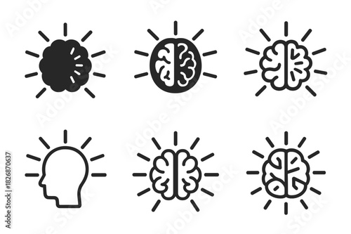 Creative Brain Icons. Neuroscience of creativity. Icon set. Set Logo of creative neuroscience: brain with radiating idea lines. harmonious logo variations of