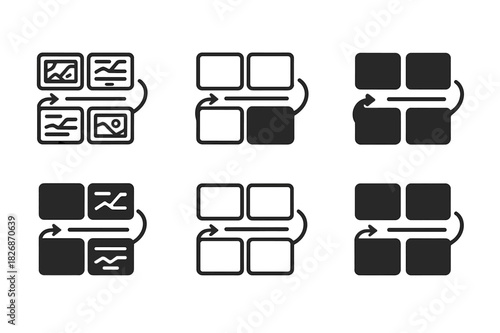 Storytelling Icons Collection. storytelling practices. Icon set. Set Logo of storytelling practices: storyboard panels with sequence arrows. harmonious logo