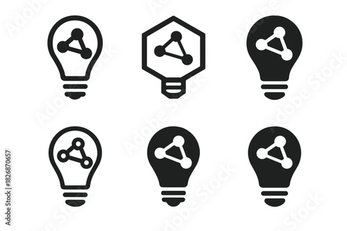 Smart Bulb Logos. Setting up smart bulbs. Icon set. Set Logo of smart lighting: light network nodes. harmonious logo variations of the same emblematic concept,
