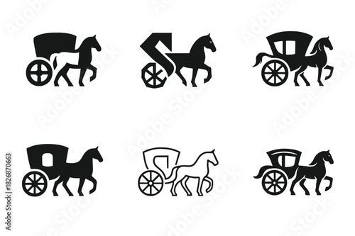 Historic Transport Logos. Historical transportation methods (ships, planes, automobiles). Icon set. Set Logo of historical transport: horse-drawn carriage.