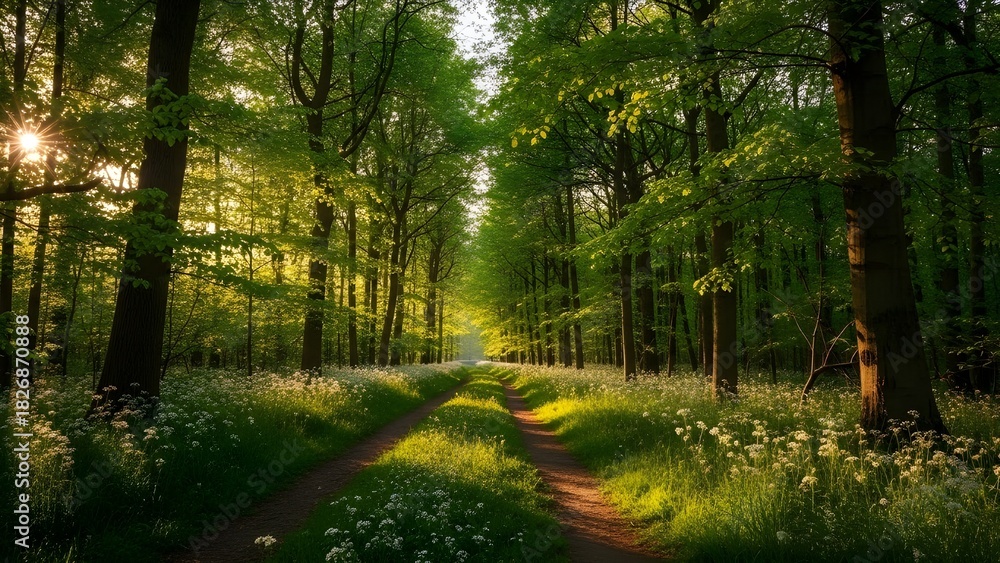 Obraz premium Camino a través del bosque con ajos silvestres en flor (Allium ursinum). Stochemhoeve, Leiden, Países Bajos. Pintoresca escena panorámica de primavera. Destinos de viaje, ecoturismo, ecología, natu